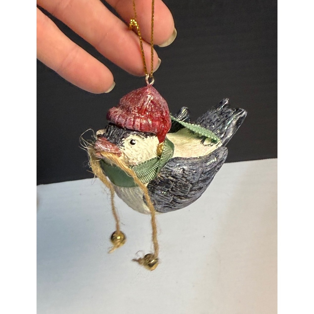 Charming Bird Christmas Ornament‎ Red Hat Green Scarf Jingle Bells Holiday Decor
